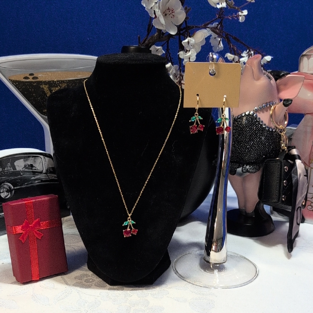 Fashion Cherry Necklace And Dangle Hoop Earrings Set